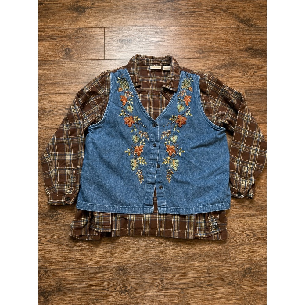 Vintage Plaid Flannel Embroidered Denim Vest Layered Top XL Fall Autumn Cottage